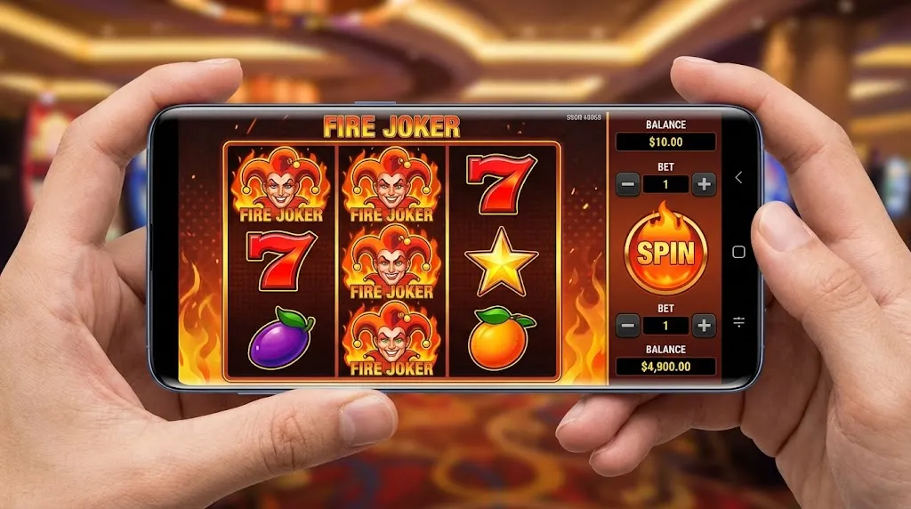Interfaz del slot Fire Joker — cuadrícula 3×3 con símbolos de frutas apilados en modo demo gratuito