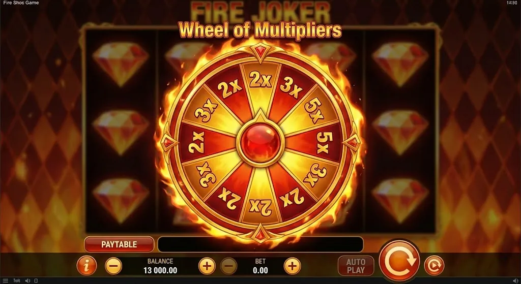 Fire Joker Wheel of Multipliers — sectores de 2× a 10× idénticos en modos demo y dinero real